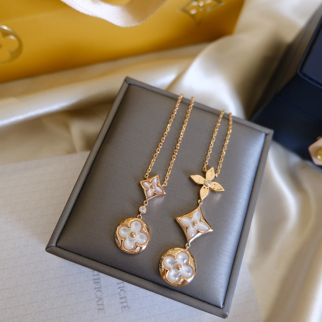 [Rani Jewelry]COLOR BLOSSOM LARIAT NECKLACE PINK GOLD WHITE MOTHER PEARL AND DIAMOND