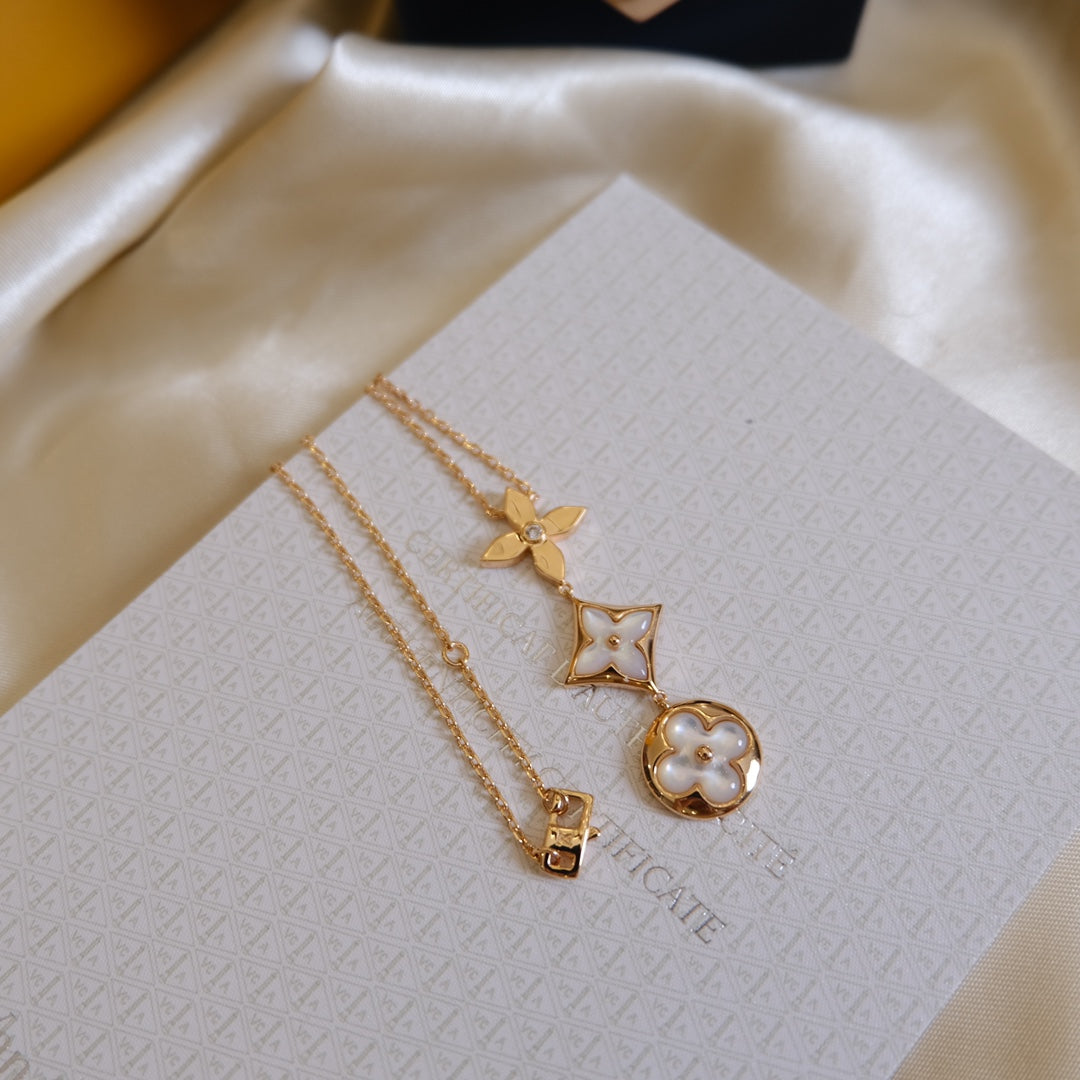 [Rani Jewelry]COLOR BLOSSOM LARIAT NECKLACE PINK GOLD WHITE MOTHER PEARL AND DIAMOND