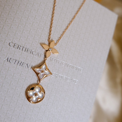 [Rani Jewelry]COLOR BLOSSOM LARIAT NECKLACE PINK GOLD WHITE MOTHER PEARL AND DIAMOND