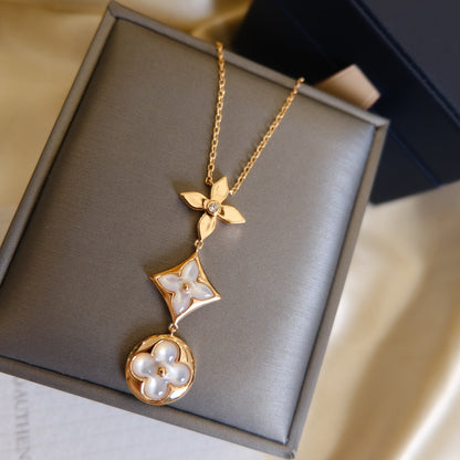 [Rani Jewelry]COLOR BLOSSOM LARIAT NECKLACE PINK GOLD WHITE MOTHER PEARL AND DIAMOND