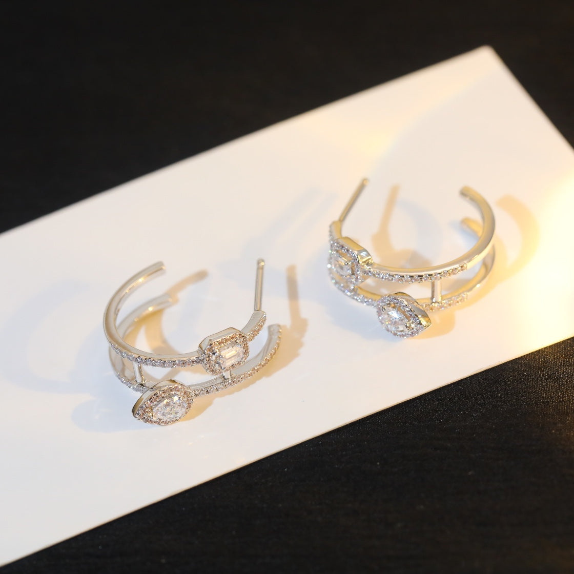 [Rani Jewelry]CREOLES MY TWIN 2 RANGS SILVER DIAMOND EARRINGS