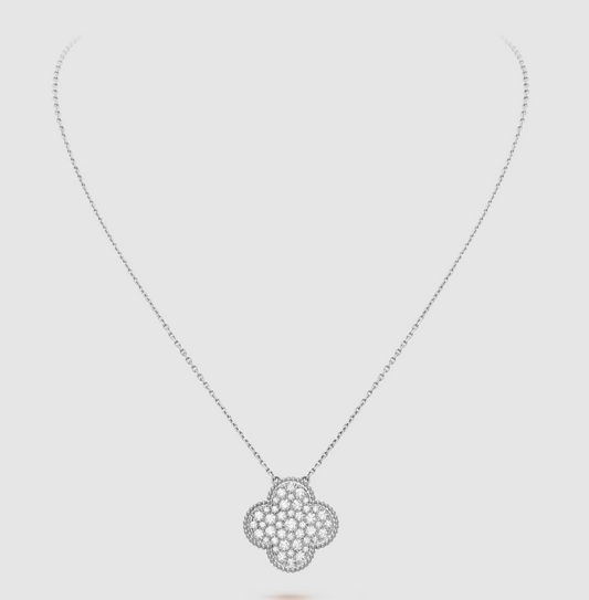 [Rani Jewelry]CLOVER 25MM LARGE PENDANT DIAMOND PAVED SILVER NECKLACE