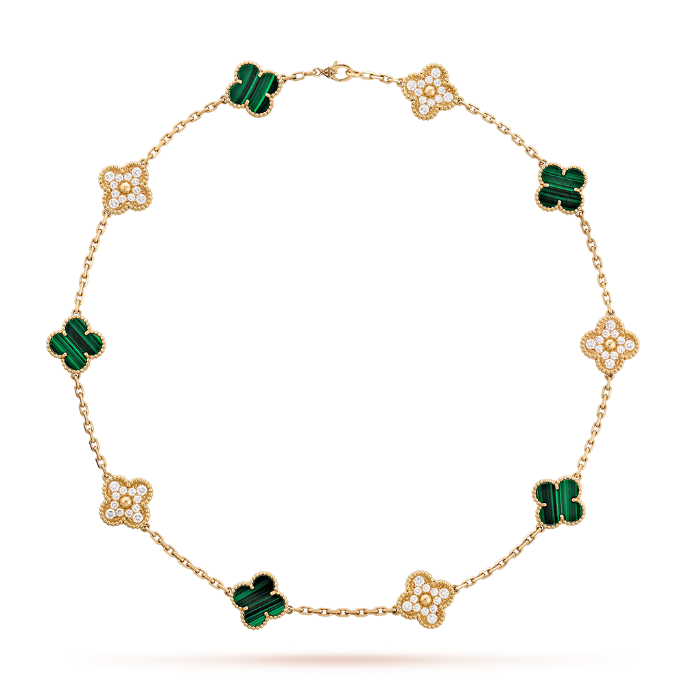 [Rani Jewelry]CLOVER 10 MOTIFS MALACHITE DIAMOND NECKLACE