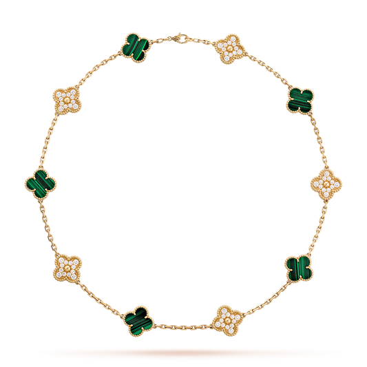 [Rani Jewelry]CLOVER 10 MOTIFS MALACHITE DIAMOND NECKLACE