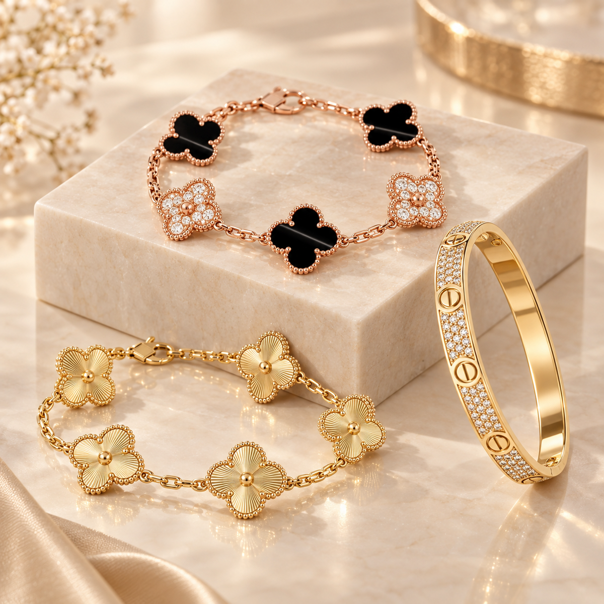 [Rani Jewelry]Clover Laser  Pulsar Stone 5-Motif & LOVE Diamond-Paved Bracelet Stack Set
