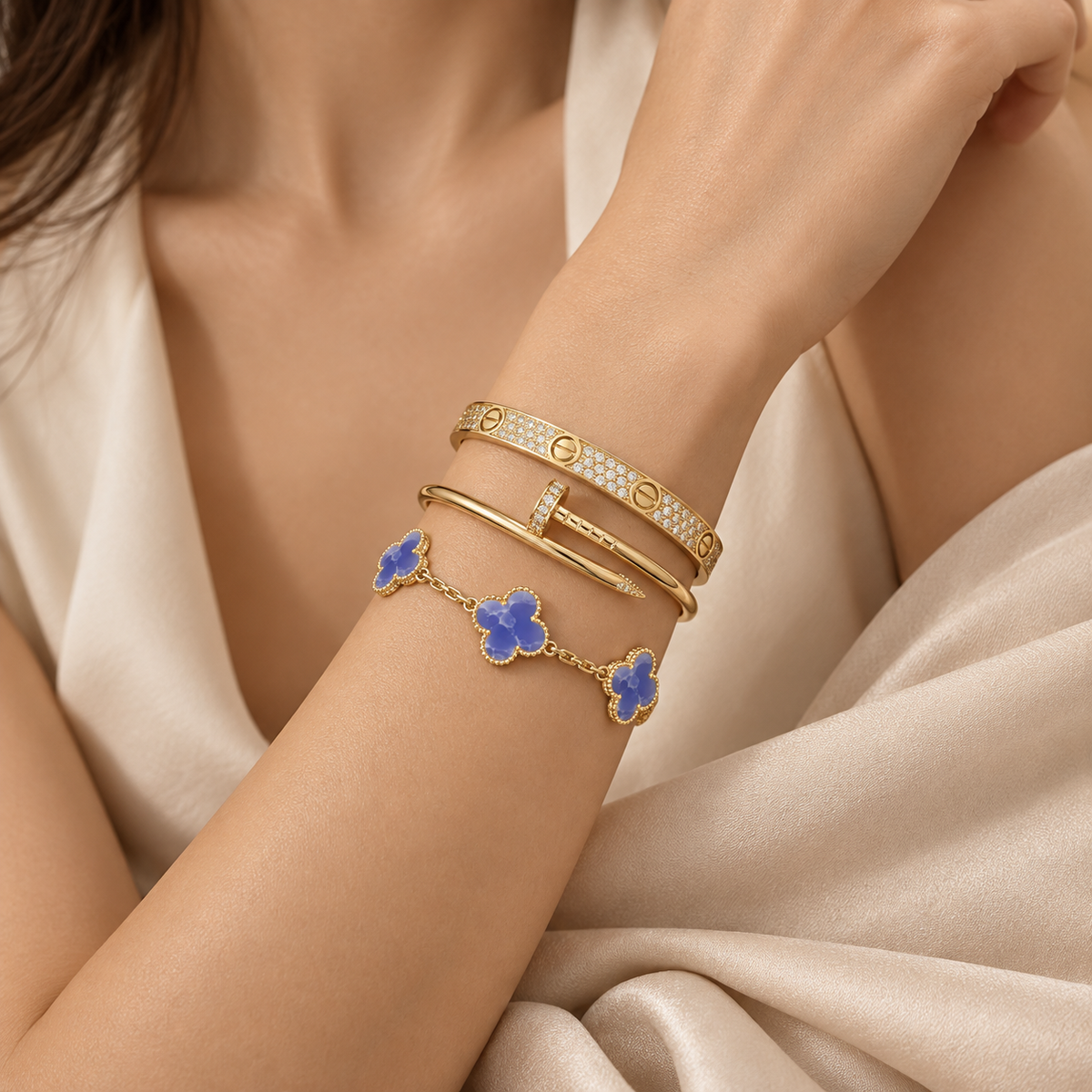 [Rani Jewelry] LOVE & JUSTE & Blue Veins Clover 5-Motif Diamond Bracelet Stack Set