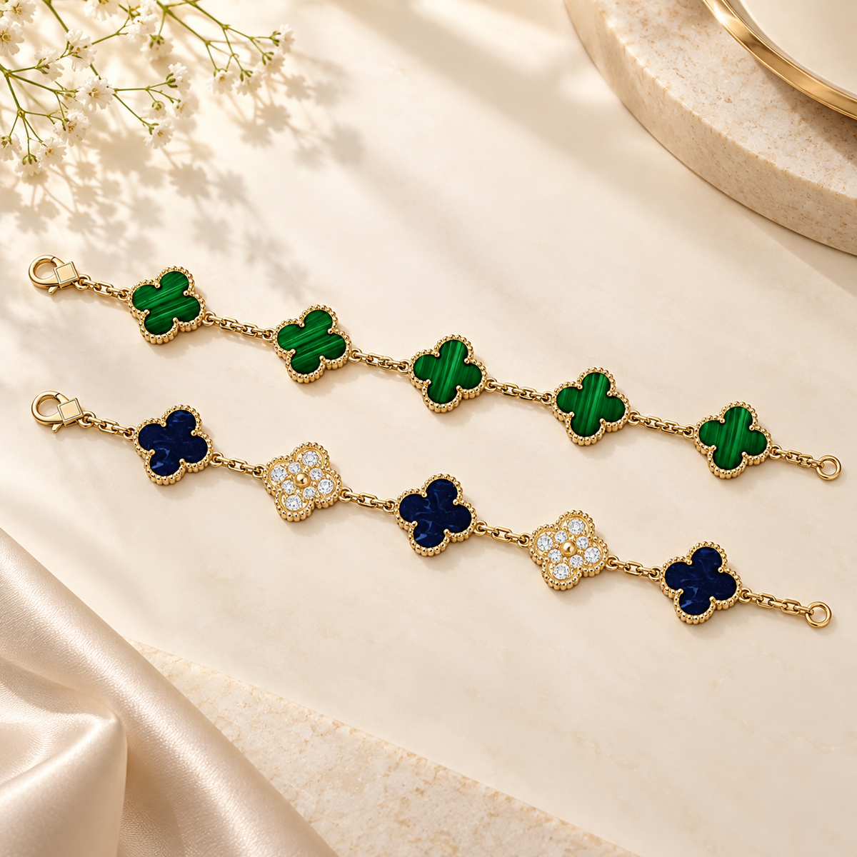 [Rani Jewelry]Clover 5-Motif Malachite & Pietersite Bracelet Stack Set