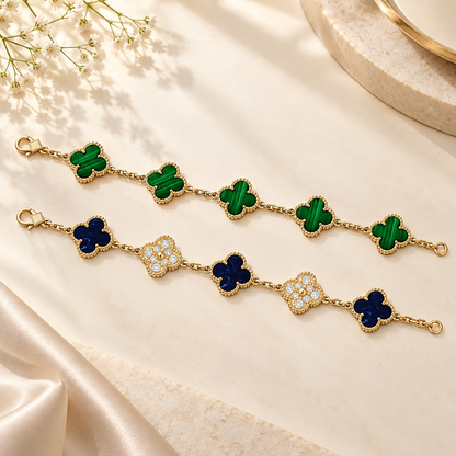 [Rani Jewelry]Clover 5-Motif Malachite & Pietersite Bracelet Stack Set