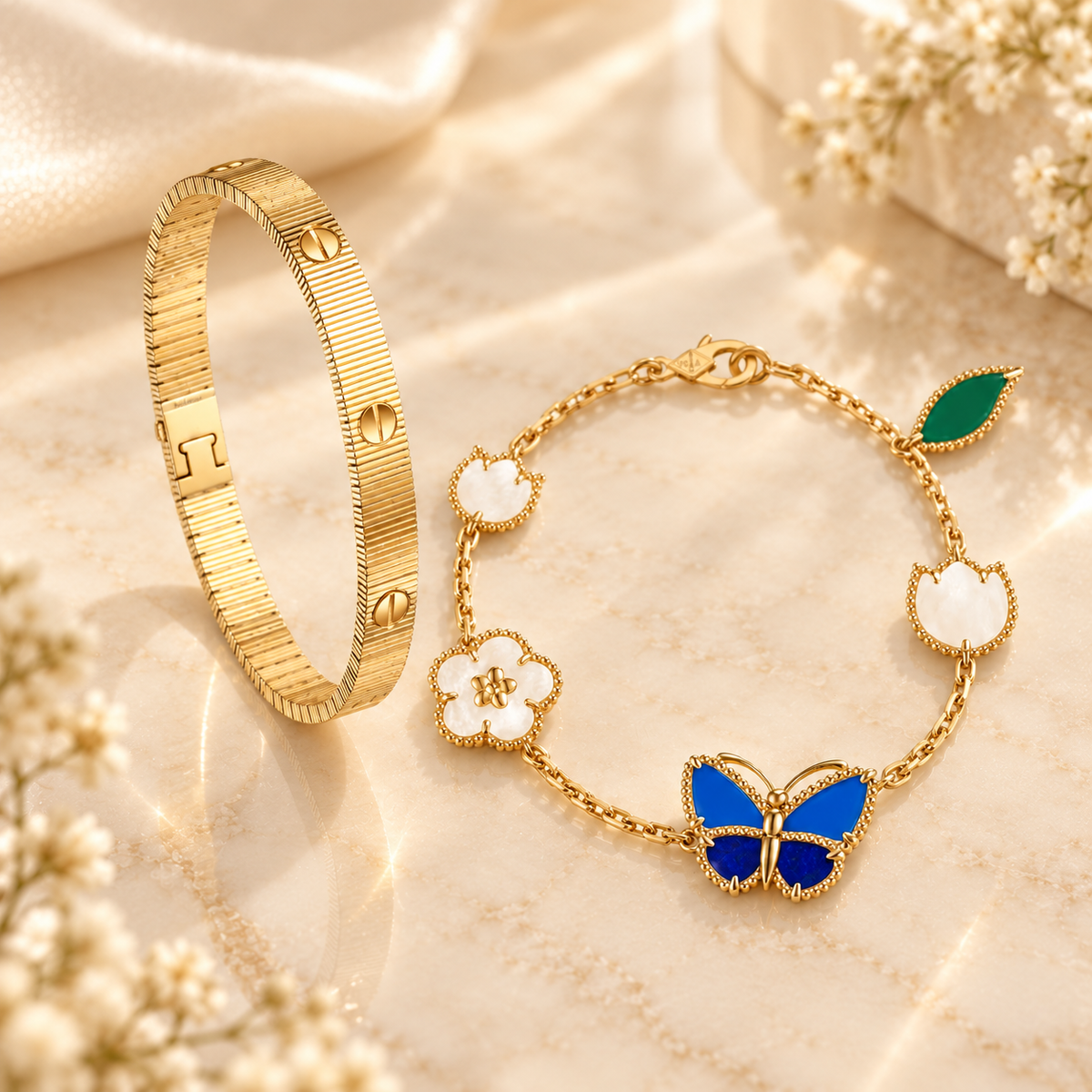 [Rani Jewelry] Lucky Spring Butterfly 5-Motif & LOVE Unlimited Bracelet Stack Set