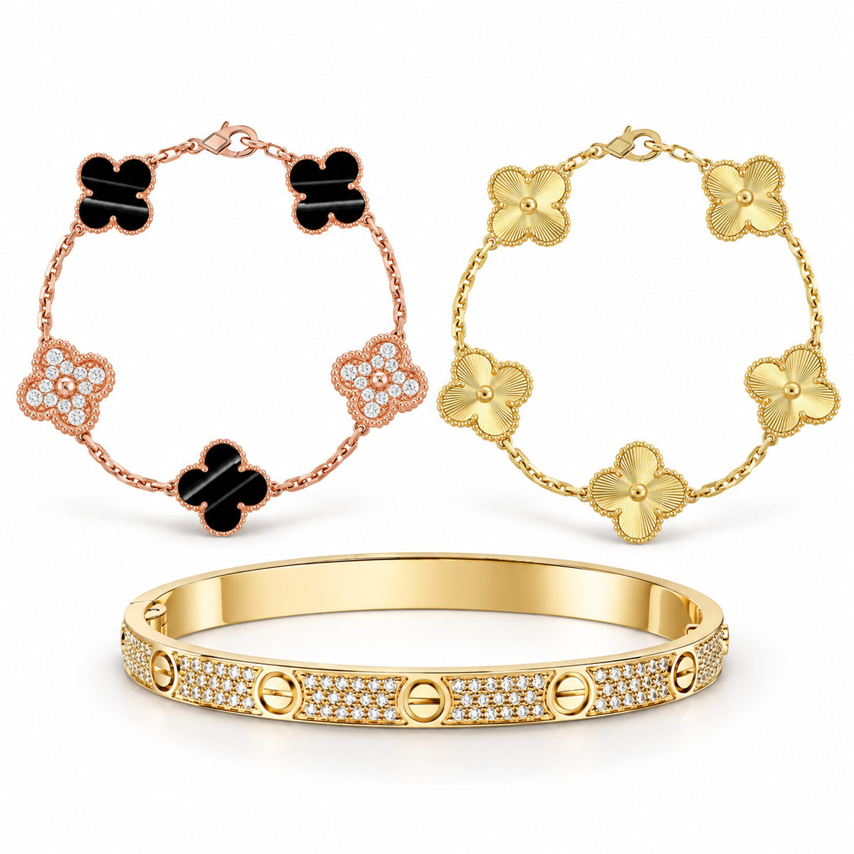[Rani Jewelry]Clover Laser  Pulsar Stone 5-Motif & LOVE Diamond-Paved Bracelet Stack Set