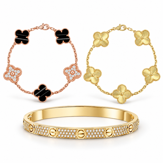 [Rani Jewelry]Clover Laser  Pulsar Stone 5-Motif & LOVE Diamond-Paved Bracelet Stack Set