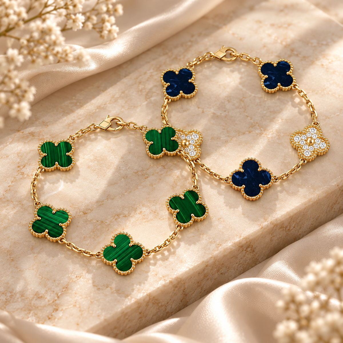 [Rani Jewelry]Clover 5-Motif Malachite & Pietersite Bracelet Stack Set