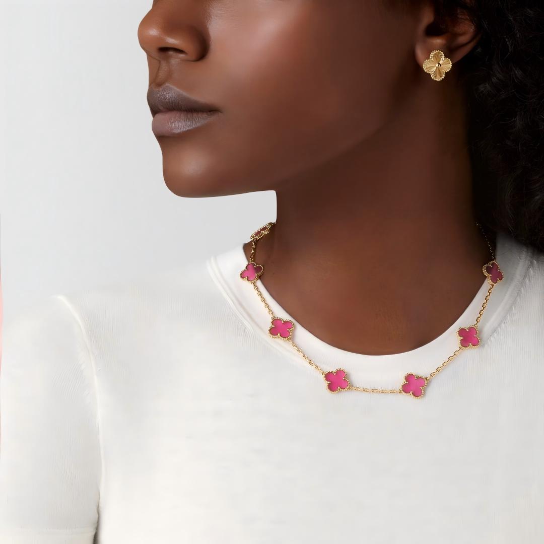 [Rani Jewelry]NEW CLOVER 10 MOTIFS PINK ENAMEL NECKLACE