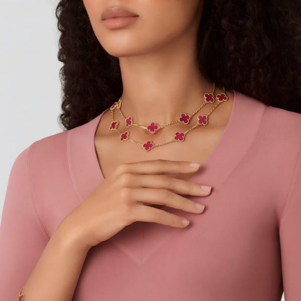 [Rani Jewelry] NEW CLOVER 20 MOTIFS PINK ENAMEL NECKLACE