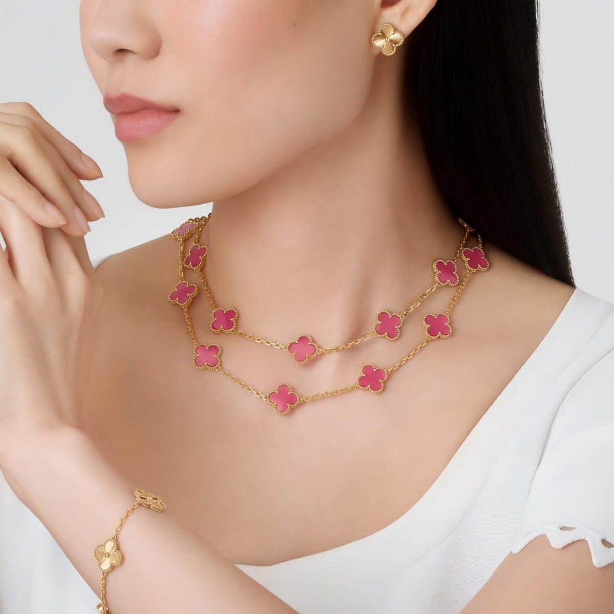 [Rani Jewelry]Clover Pink Enamel Necklace & Earring Jewelry Set