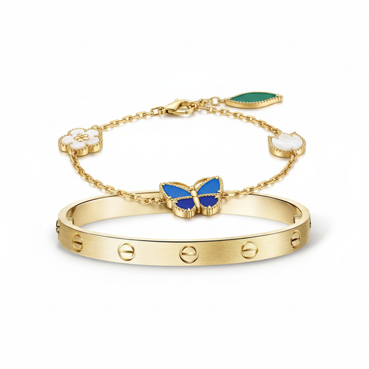 [Rani Jewelry] LOVE Brushed & Lucky Spring Butterfly 5-Motif Bracelet Stack Set