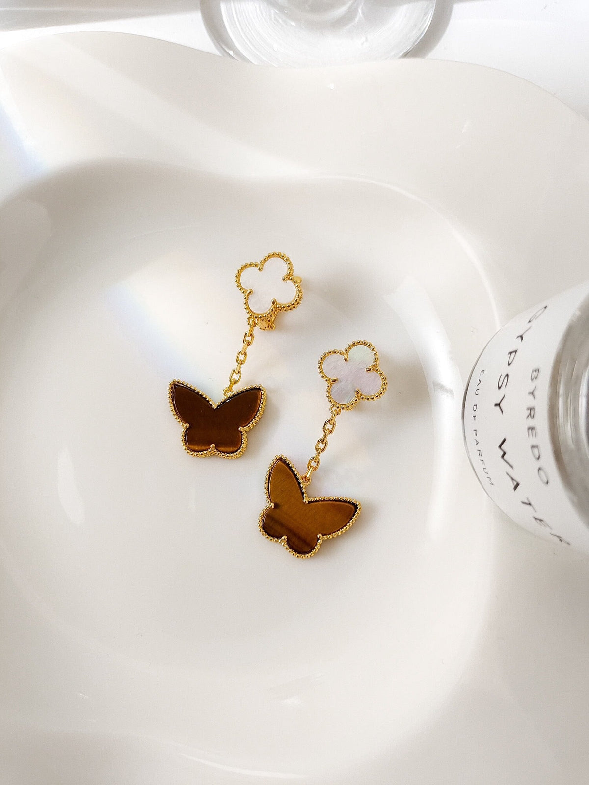 [Rani Jewelry]BUTTERFLY 2 MOTIF TIGER EYE MOP EARRINGS
