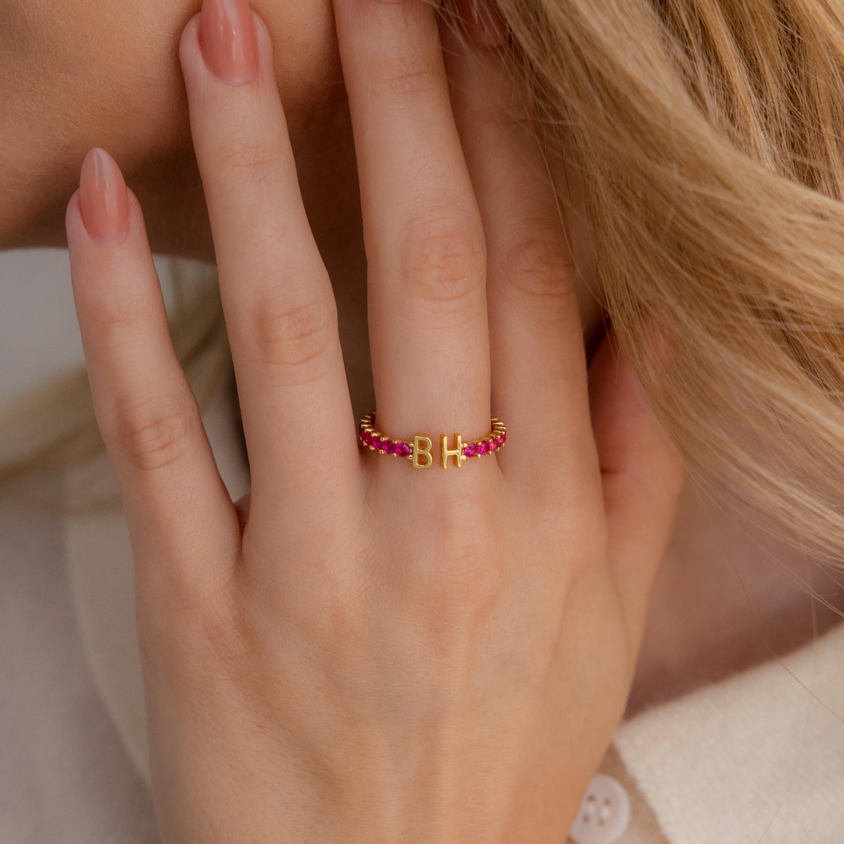 Duo Initial Birthstone Tennis Ring