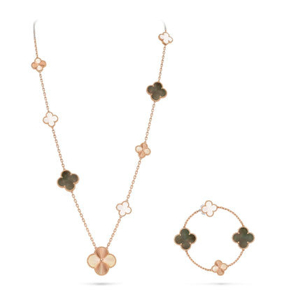 [Rani Jewelry]DETACHABLE CLOVER 15(11+4) FLOWER ROSE GOLD NECKLACE SET