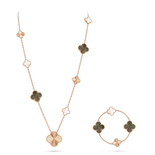 [Rani Jewelry]DETACHABLE CLOVER 15(11+4) FLOWER ROSE GOLD NECKLACE SET