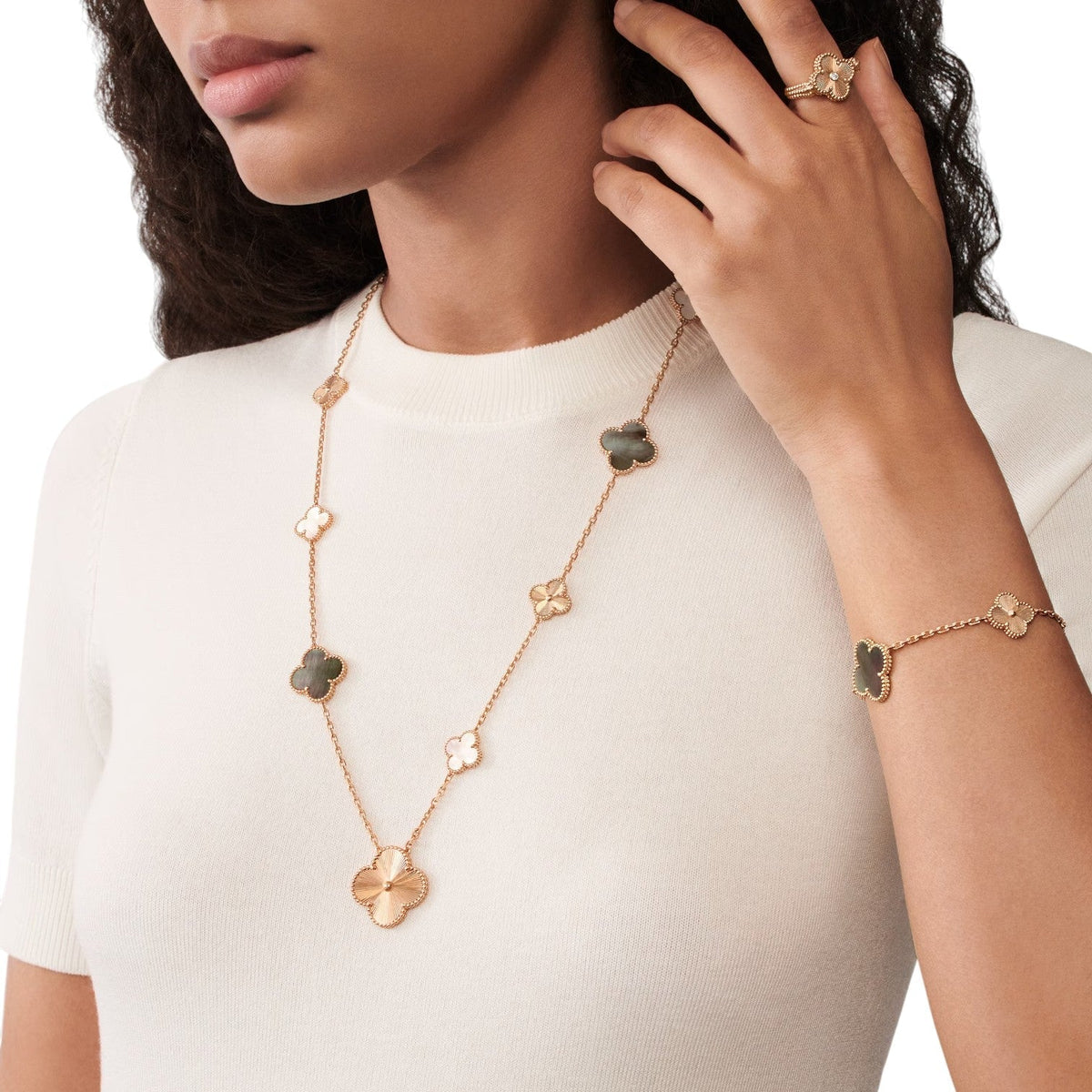 [Rani Jewelry]DETACHABLE CLOVER 15(11+4) FLOWER ROSE GOLD NECKLACE SET