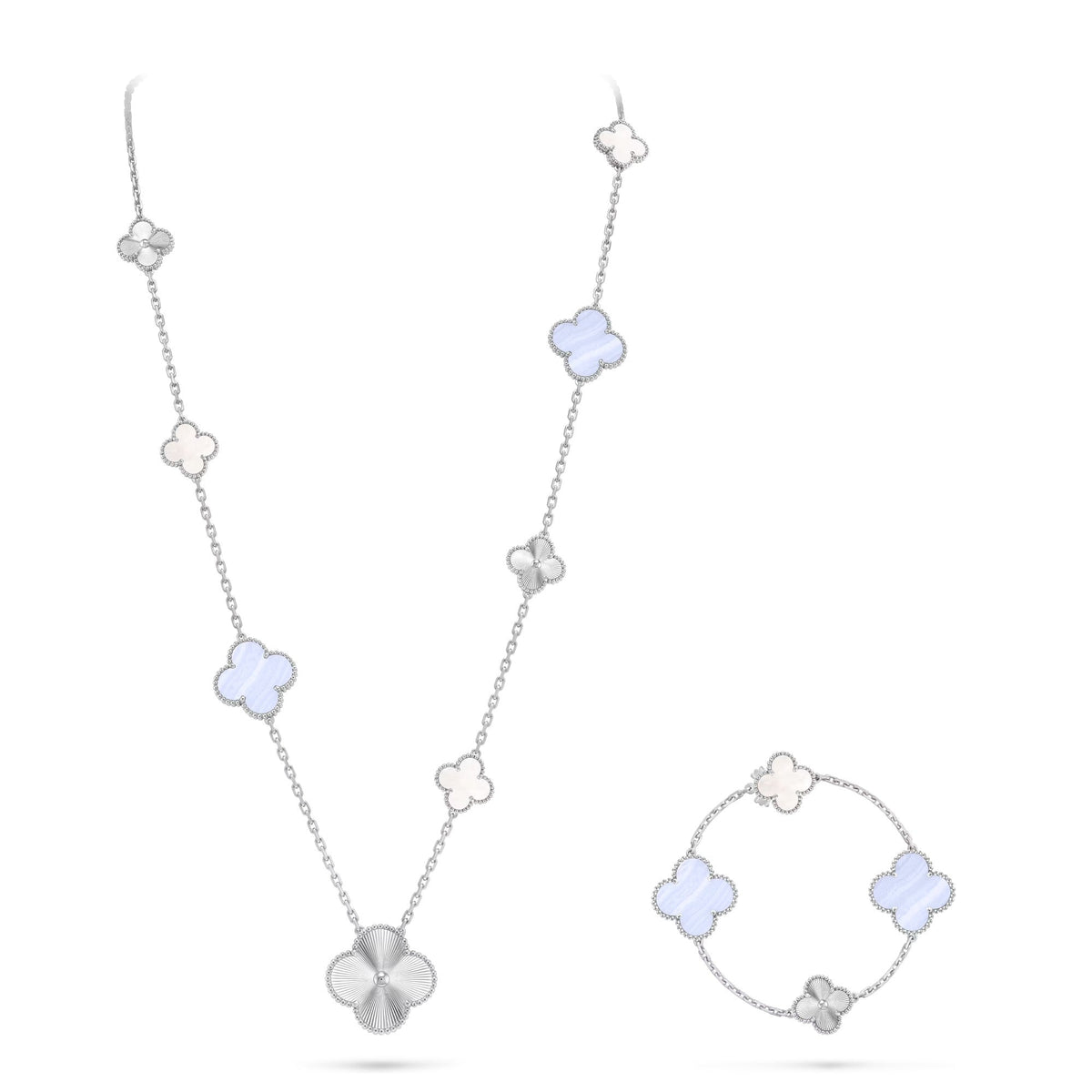 [Rani Jewelry]DETACHABLE CLOVER 15(11+4) FLOWER SILVER NECKLACE SET