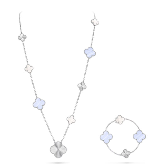 [Rani Jewelry]DETACHABLE CLOVER 15(11+4) FLOWER SILVER NECKLACE SET