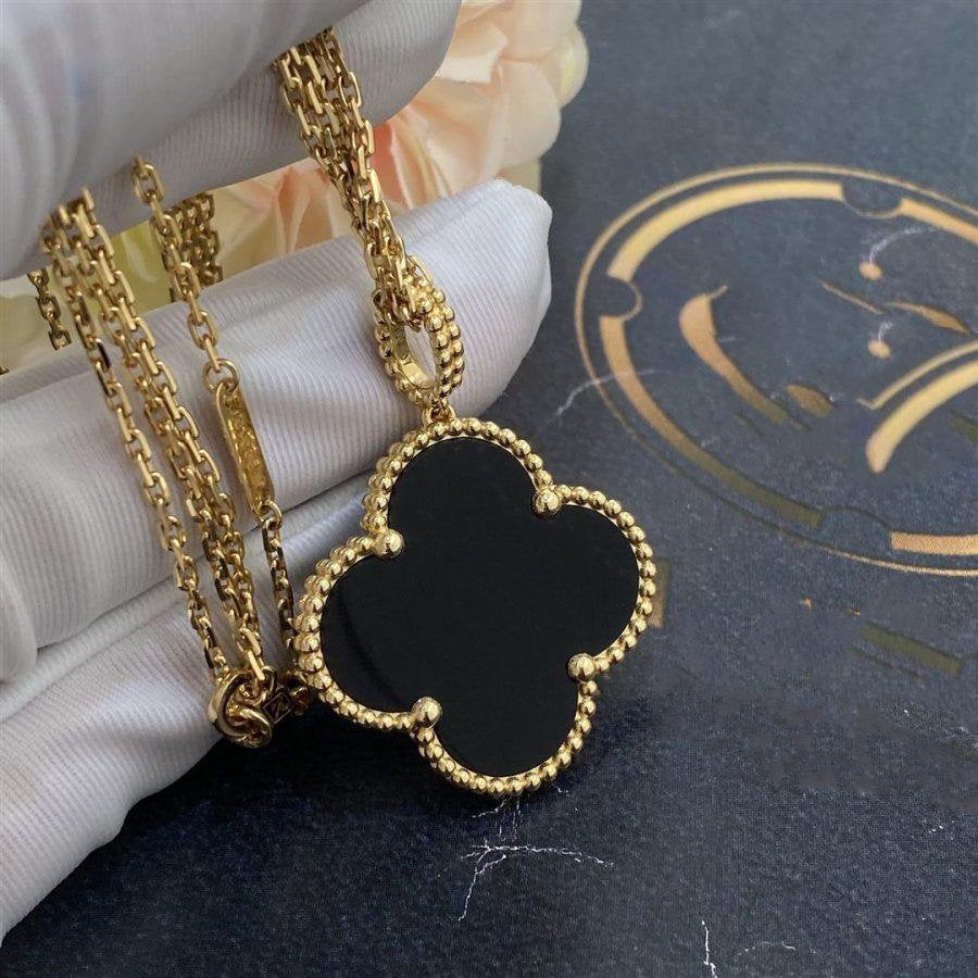[Rani Jewelry]CLOVER 25MM GOLD ONYX BIG CLOVER NECKLACE