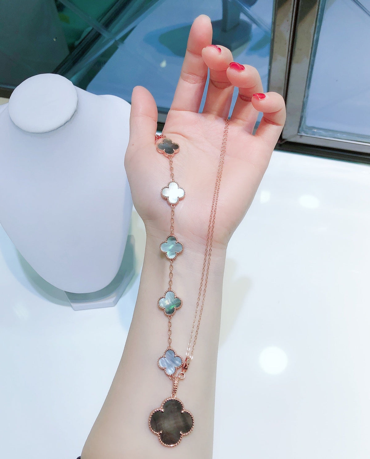 [Rani Jewelry]COMBINED BRACELET 5 MOTIFS AND NECKLACE DARK MOP ROSE GOLD