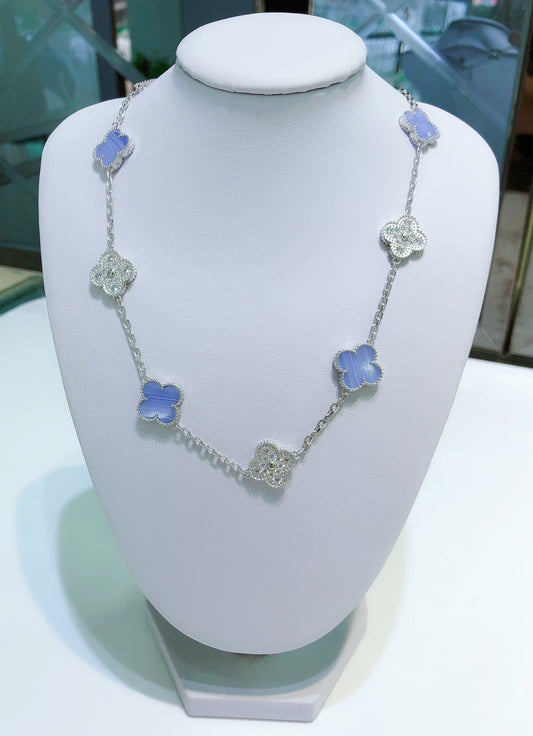 [Rani Jewelry]CLOVER 10 MOTIFS CHALCEDONY DIAMONDS SILVER NECKLACE