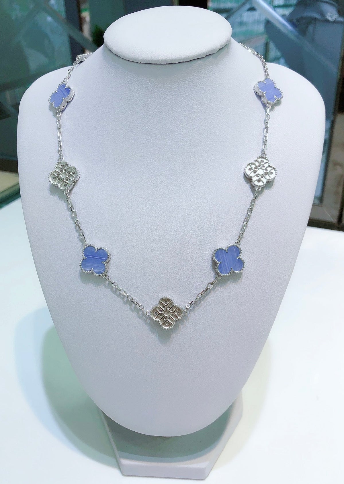 [Rani Jewelry]CLOVER 10 MOTIFS CHALCEDONY DIAMONDS SILVER NECKLACE