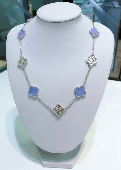 [Rani Jewelry]CLOVER 10 MOTIFS CHALCEDONY DIAMONDS SILVER NECKLACE