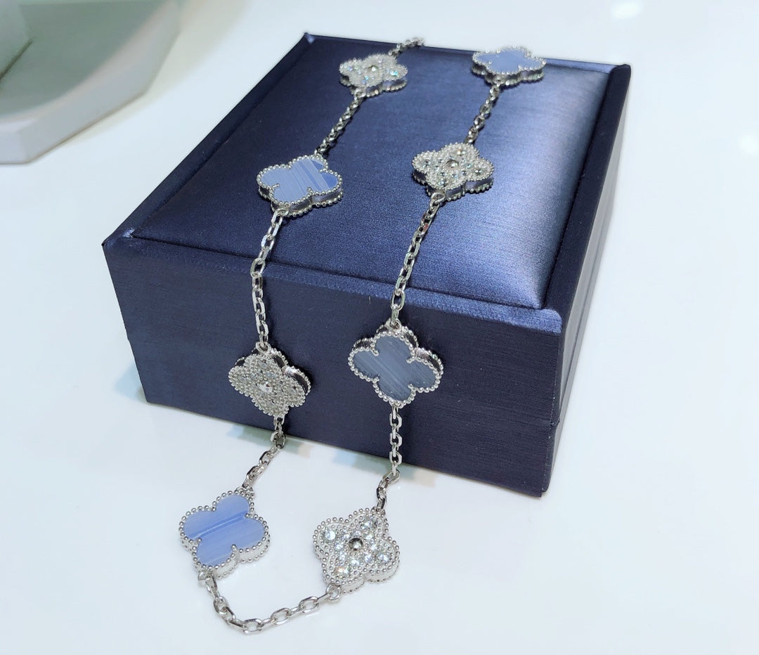 [Rani Jewelry]CLOVER 10 MOTIFS CHALCEDONY DIAMONDS SILVER NECKLACE