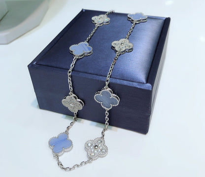 [Rani Jewelry]CLOVER 10 MOTIFS CHALCEDONY DIAMONDS SILVER NECKLACE