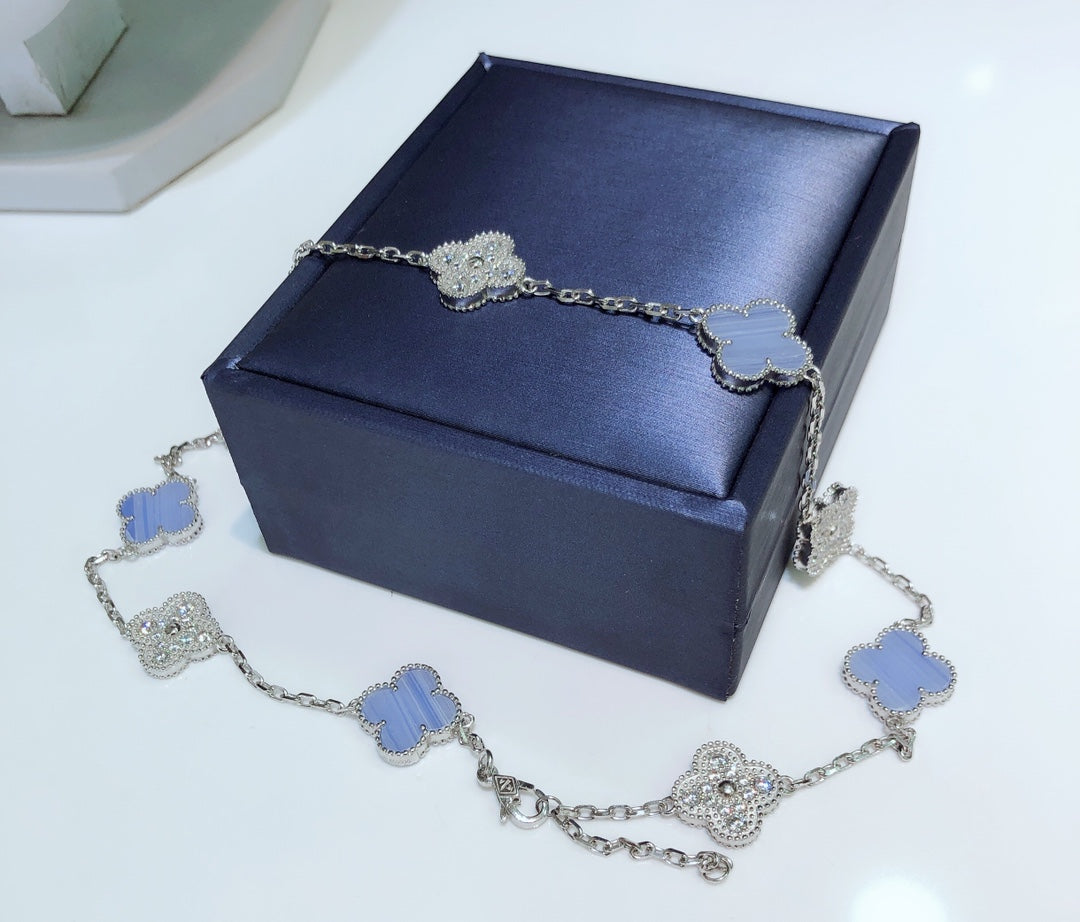 [Rani Jewelry]CLOVER 10 MOTIFS CHALCEDONY DIAMONDS SILVER NECKLACE