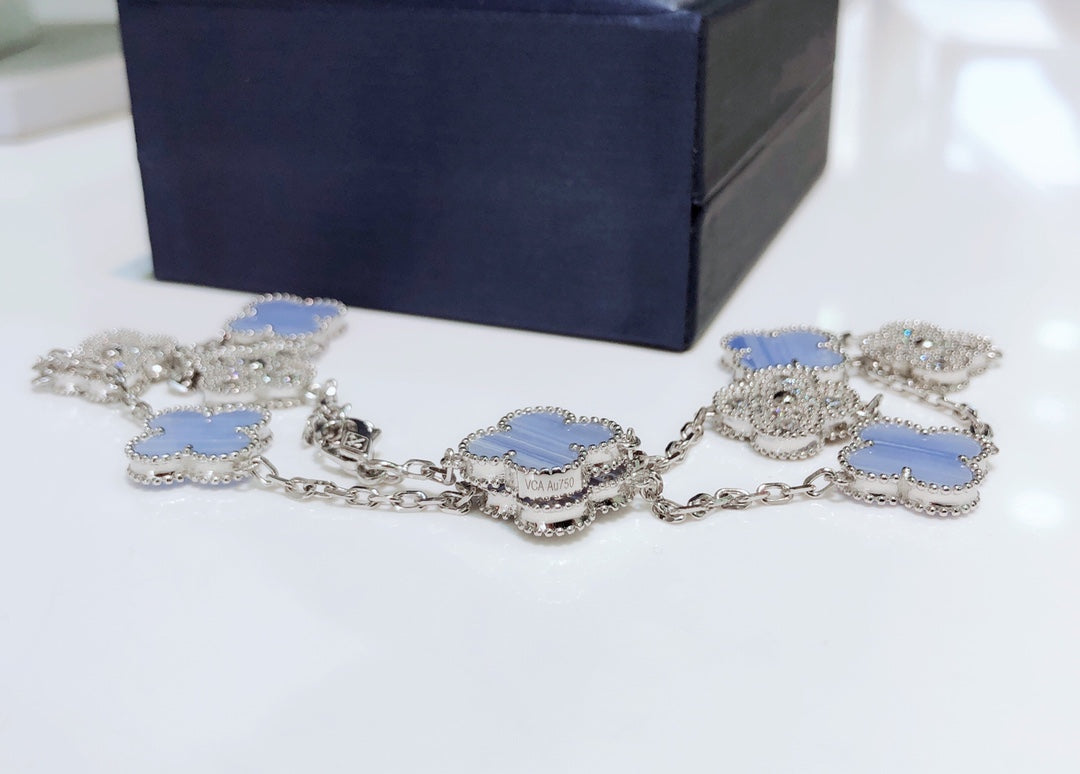 [Rani Jewelry]CLOVER 10 MOTIFS CHALCEDONY DIAMONDS SILVER NECKLACE