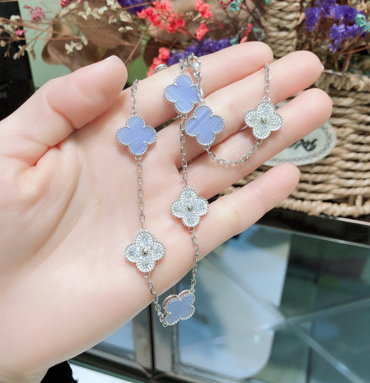 [Rani Jewelry]CLOVER 10 MOTIFS CHALCEDONY DIAMONDS SILVER NECKLACE