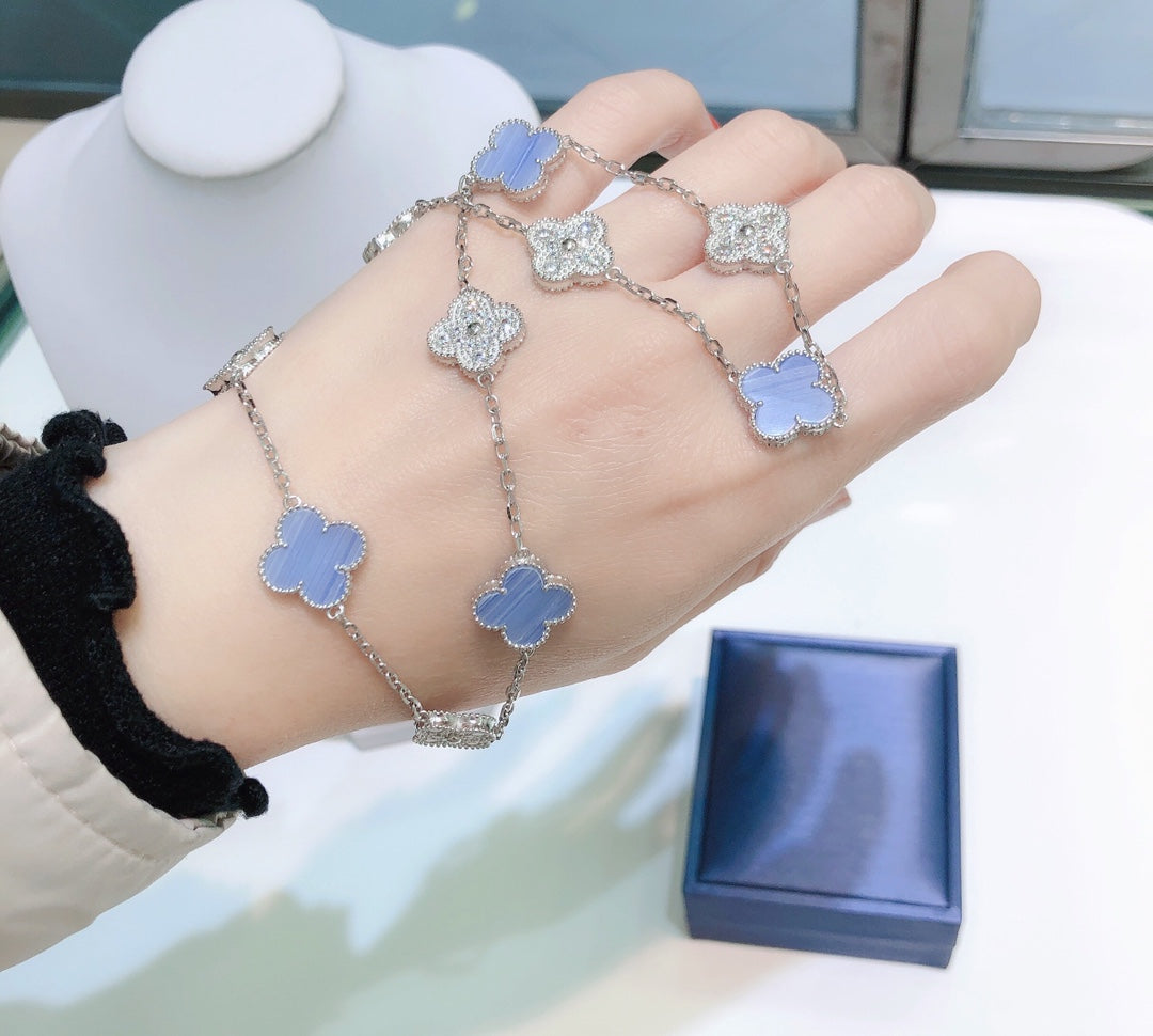 [Rani Jewelry]CLOVER 10 MOTIFS CHALCEDONY DIAMONDS SILVER NECKLACE