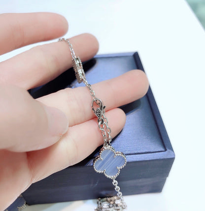 [Rani Jewelry]CLOVER 10 MOTIFS CHALCEDONY DIAMONDS SILVER NECKLACE
