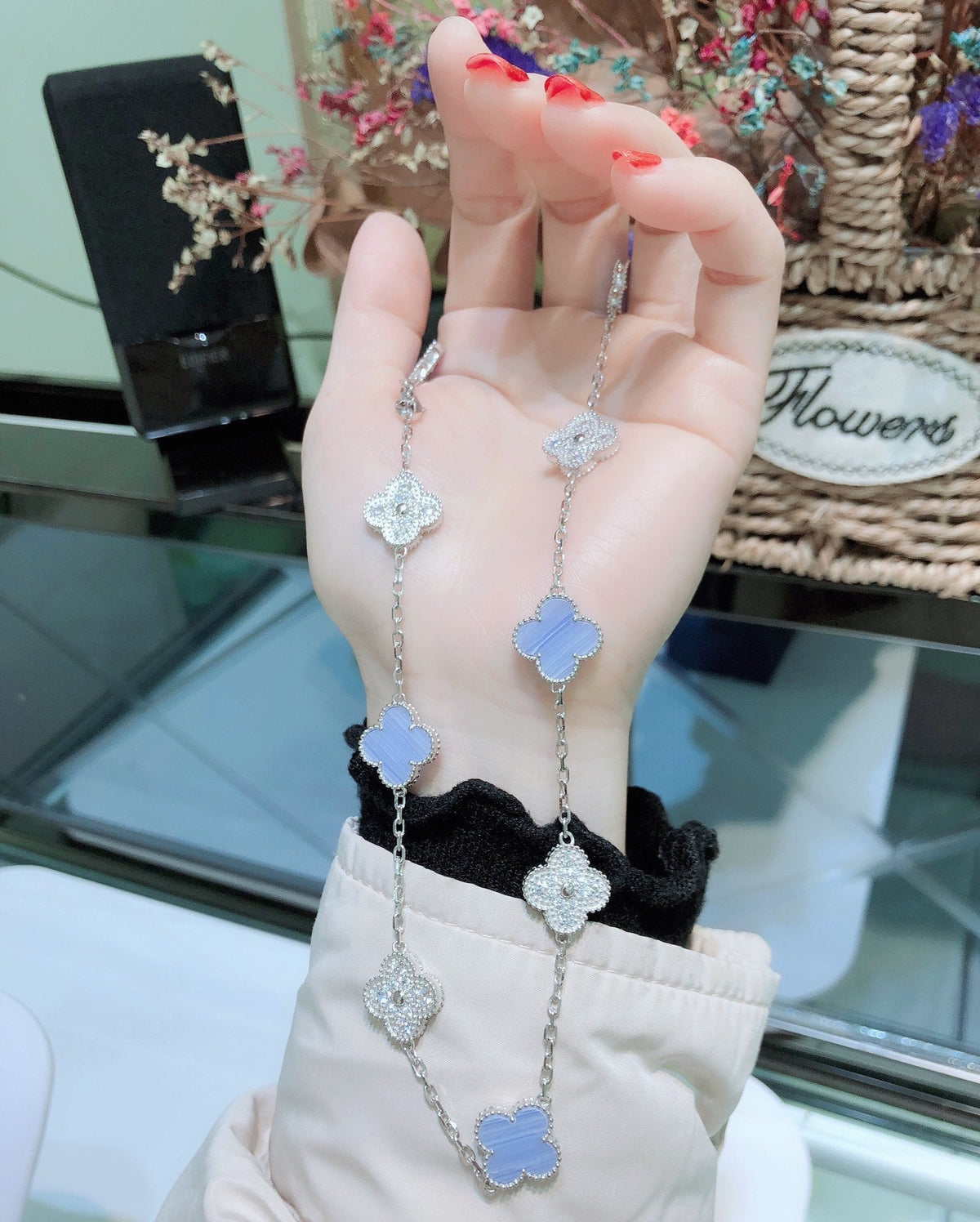 [Rani Jewelry]CLOVER 10 MOTIFS CHALCEDONY DIAMONDS SILVER NECKLACE